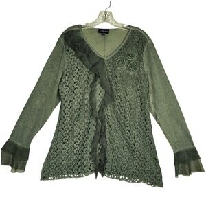 Women's Olive Lace Ruffle Mesh V Neck Long Sleeve Top Tunic XL Whimsigoth Vamp